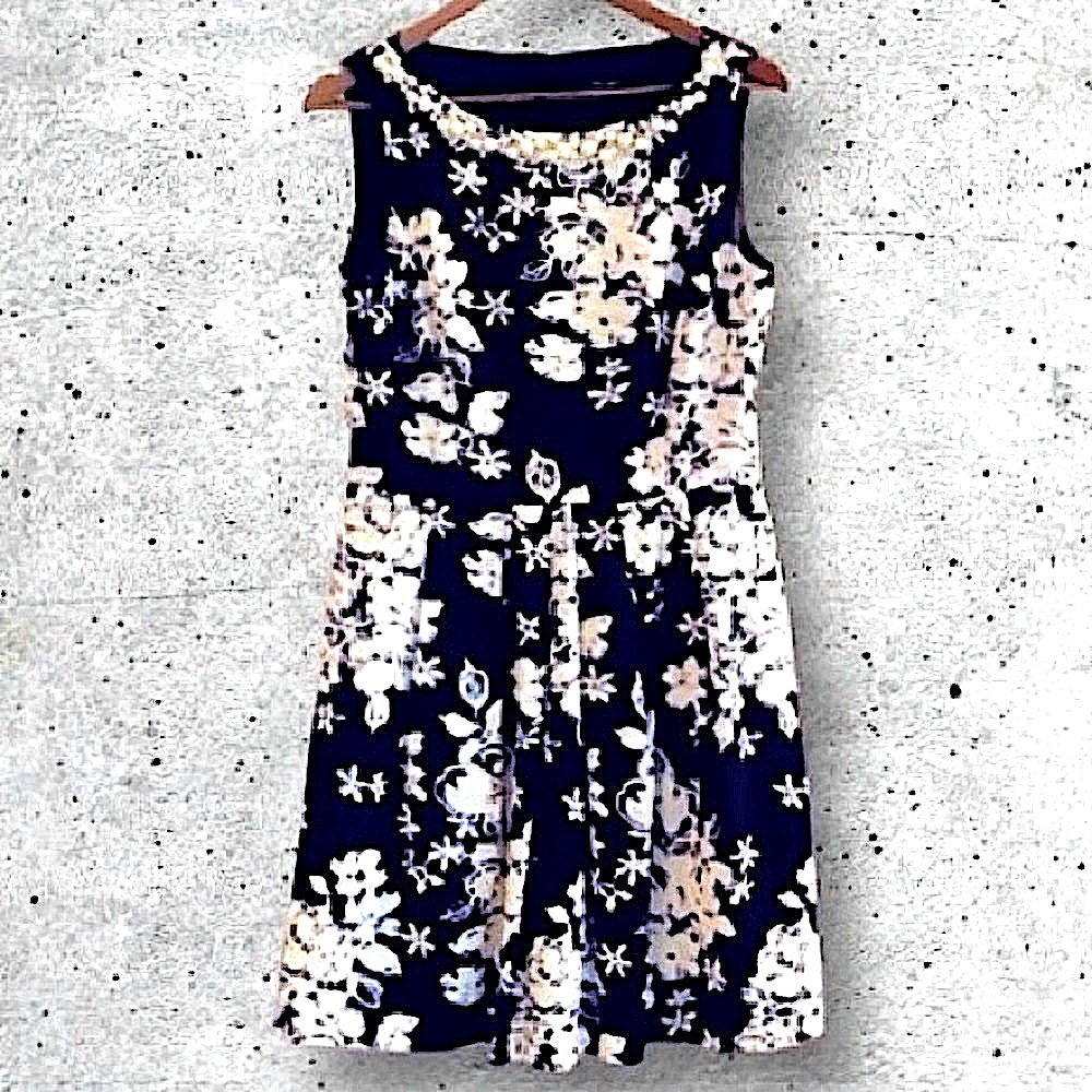 Tahari black floral dress with pearl bling neckline Sz.6